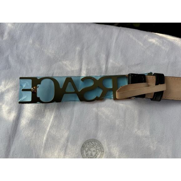 Versace Spell Out Buckle Leather Belt Black Sz 95 38